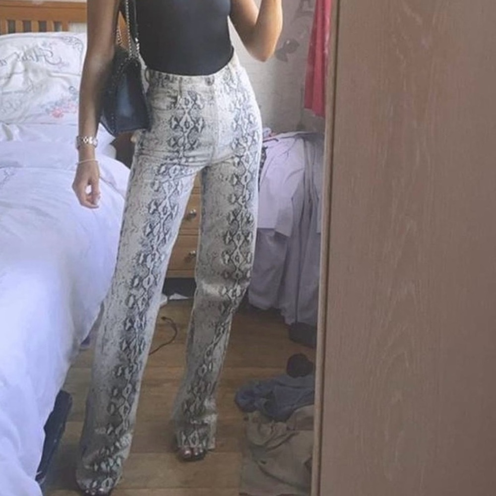 Zara Black and Gray Snake Print Flare Jeans